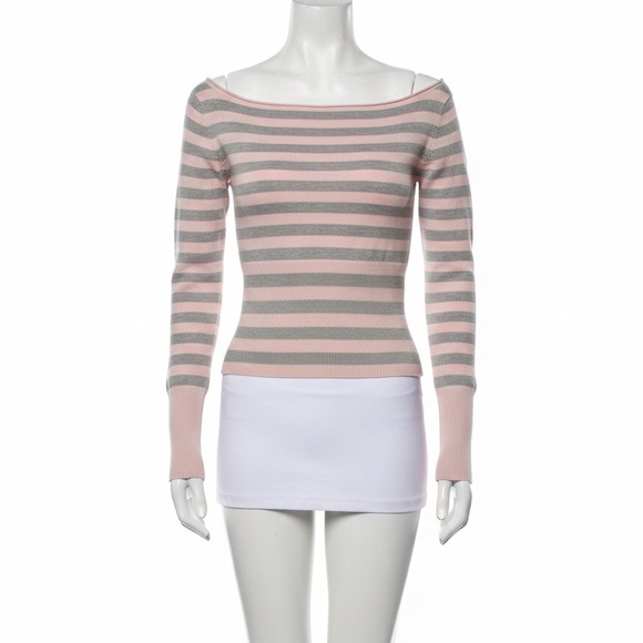 Pink and Gray Striped Off-the-Shoulder Soft Lightweight Sweater - Picture 3 of 3